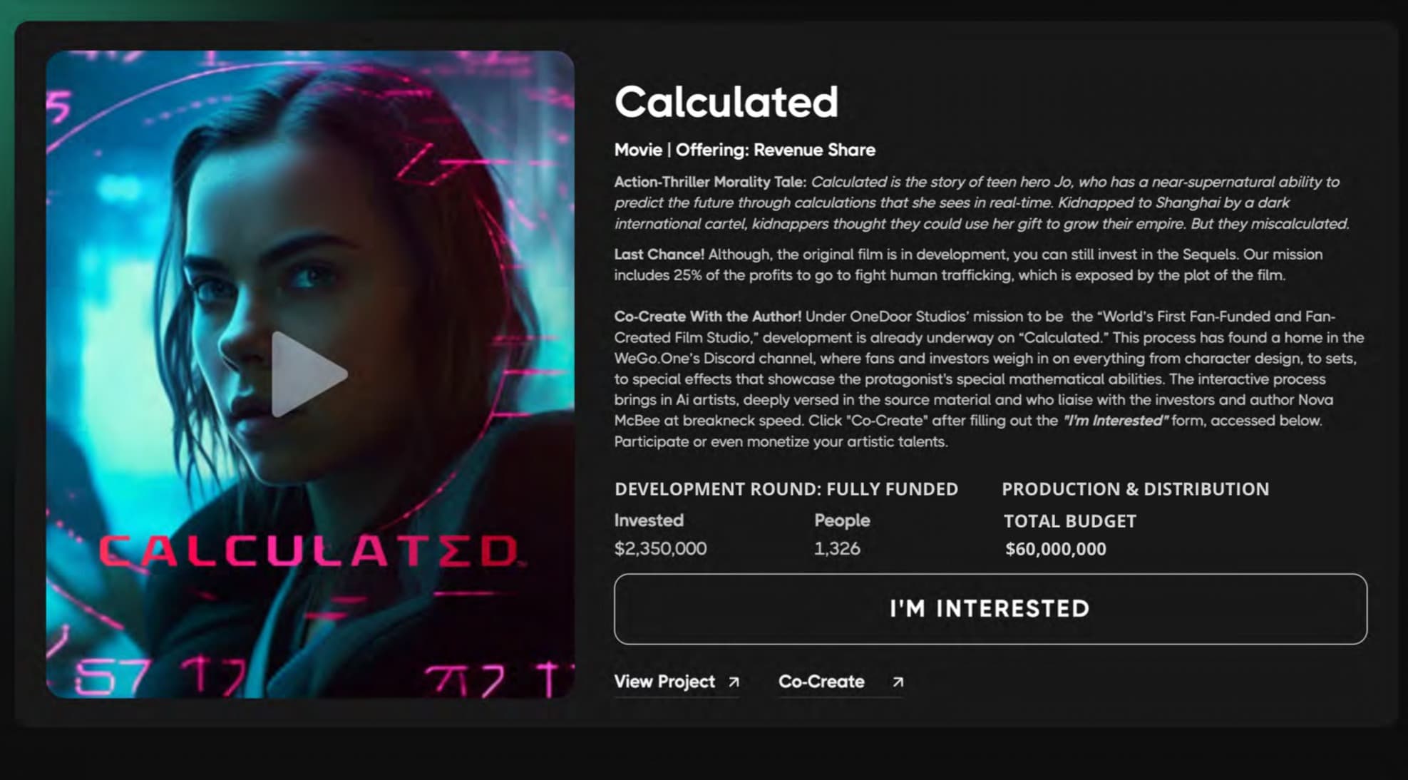 Calculated — Movie offering revenue share crowdfunding project card